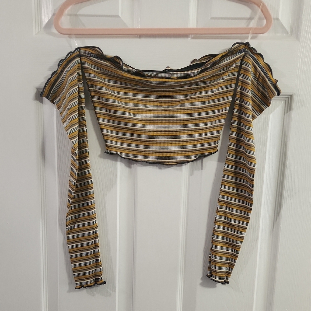 Striped Off-Shoulder Long Sleeve Crop Top - Mustard/Black/White